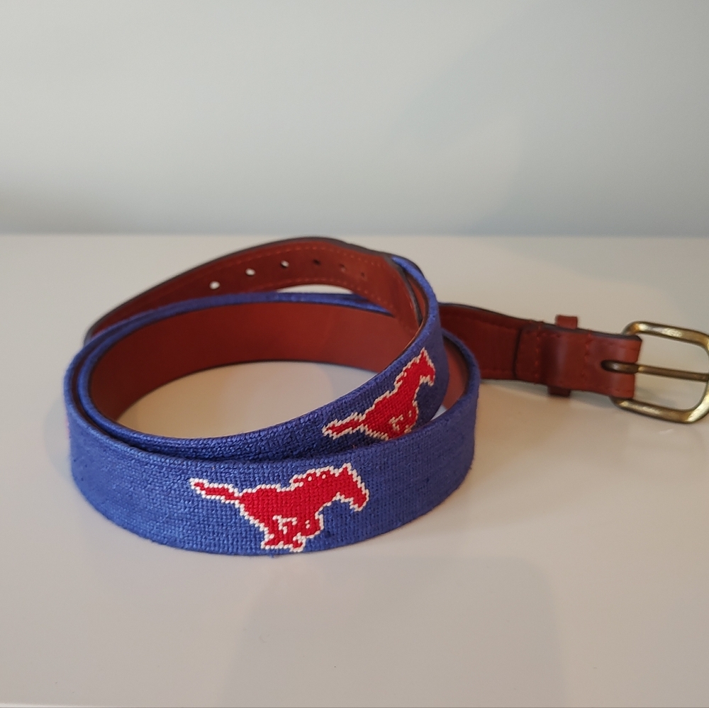 Smathers & Branson Hand-Stitched Needlepoint SMU Mustangs Belt Sz 42 ACC NWOT